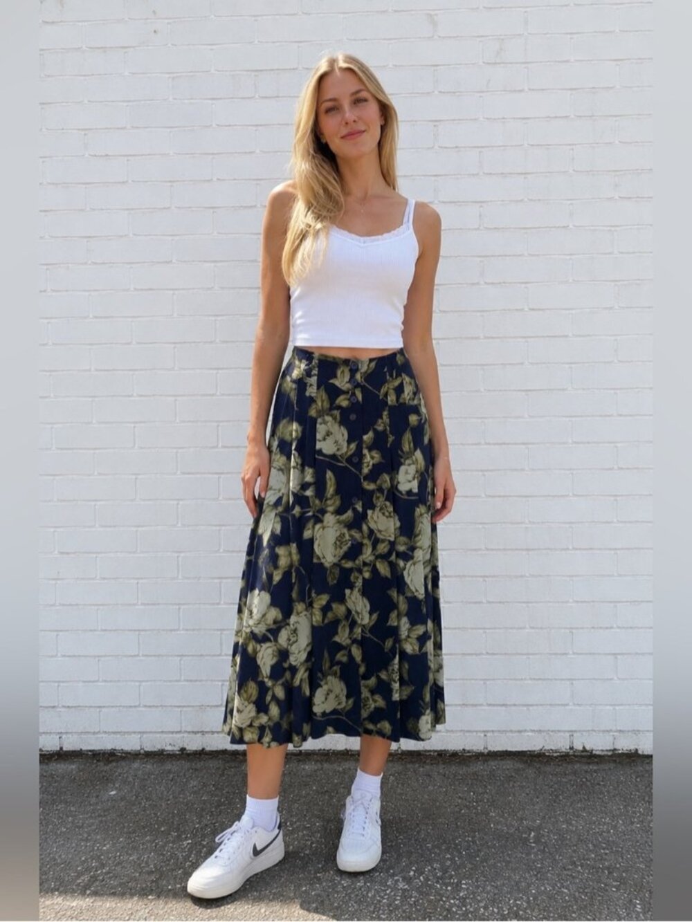 Vintage Womens Small 100% Silk Navy Floral Midi Skirt Button Front Cottagecore